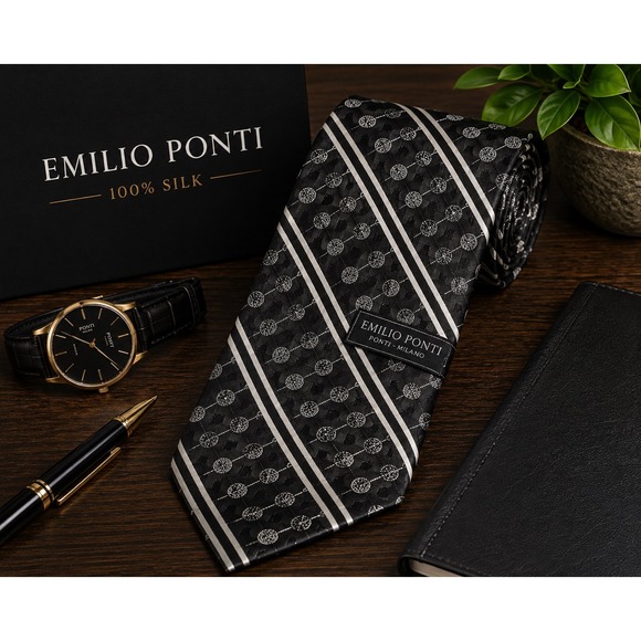 Emilio Ponti Other - Emilio Ponti 100% Silk Classic Necktie Black Gray Striped Geometric Dot Pattern